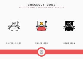 Checkout icons set vector illustration with solid icon line style. Online store retail concept. Editable stroke icon on isolated background for web design, user interface, and mobile app