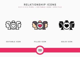 Relationship icons set vector illustration with solid icon line style. Wedding love romance concept. Editable stroke icon on isolated background for web design, user interface, and mobile application