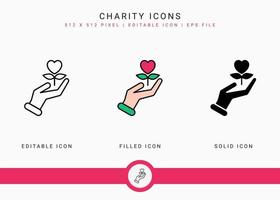 Charity icons set vector illustration with solid icon line style. Donation love support concept. Editable stroke icon on isolated background for web design, user interface, and mobile app