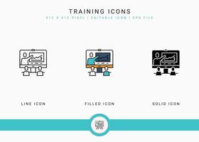 iconos de entrenamiento establecer ilustración vectorial con estilo de línea de icono sólido. concepto de seminario web de video en línea. icono de trazo editable en un fondo aislado para diseño web, interfaz de usuario y aplicación móvil vector