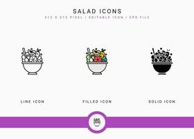 iconos de ensalada establecer ilustración vectorial con estilo de línea de icono sólido. concepto de cuenco de verduras. icono de trazo editable sobre fondo blanco aislado para diseño web, interfaz de usuario y aplicación móvil vector