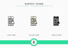 Survey icons set vector illustration with solid icon line style. Customer satisfaction check concept. Editable stroke icon on isolated background for web design, infographic and UI mobile app.