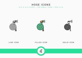 Hose icons set vector illustration with solid icon line style. Plant gardening agriculture concept. Editable stroke icon on isolated background for web design, user interface, and mobile app