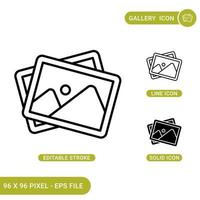 los iconos de la galería establecen una ilustración vectorial con un estilo de línea de icono sólido. concepto de álbum de imágenes. icono de trazo editable en un fondo aislado para diseño web, infografía y aplicación móvil ui. vector