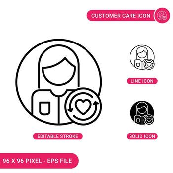 Customer care icons set vector illustration with solid icon line style. Retention service concept. Editable stroke icon on isolated background for web design, infographic and UI mobile app.