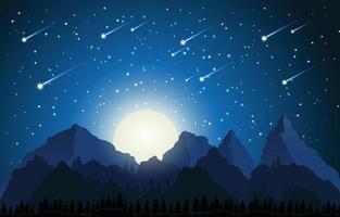 hermoso paisaje nocturno con lluvia de meteoritos vector
