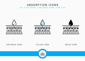 Absorption icons set vector illustration with solid icon line style. Drop water emulsion concept. Editable stroke icon on isolated background for web design, infographic and UI mobile app.