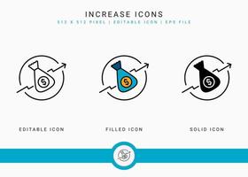 Increase icons set vector illustration with solid icon line style. Business grow development concept. Editable stroke icon on isolated background for web design, infographic and UI mobile app.