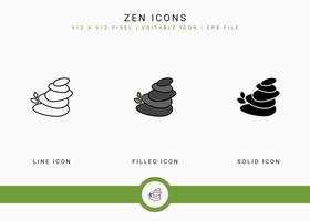 Zen icons set vector illustration with solid icon line style. Meditating energy concept. Editable stroke icon on isolated background for web design, user interface, and mobile app