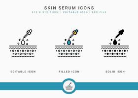 Skin serum icons set vector illustration with solid icon line style. Serum absorption symbol. Editable stroke icon on isolated background for web design, infographic and UI mobile app.