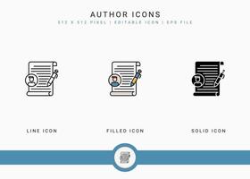 Author icons set vector illustration with solid icon line style. Journalist text publication concept. Editable stroke icon on isolated background for web design, user interface, and mobile application