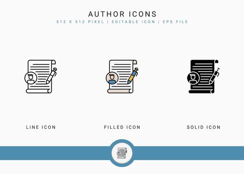 Author icons set vector illustration with solid icon line style. Journalist text publication concept. Editable stroke icon on isolated background for web design, user interface, and mobile application