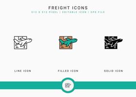 Freight icons set vector illustration with solid icon line style. Logistic delivery concept. Editable stroke icon on isolated background for web design, user interface, and mobile app