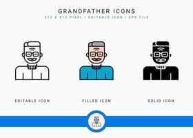 Grandfather icons set vector illustration with solid icon line style. Old people man symbol. Editable stroke icon on isolated background for web design, user interface, and mobile app