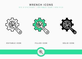 Wrench icons set vector illustration with solid icon line style. Carpenter tool building concept. Editable stroke icon on isolated background for web design, user interface, and mobile application