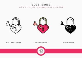 Love icons set vector illustration with solid icon line style. Wedding heart romance concept. Editable stroke icon on isolated background for web design, user interface, and mobile application