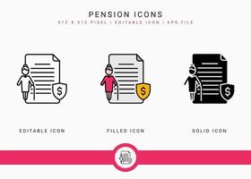 iconos de pensión establecer ilustración vectorial con estilo de línea de icono sólido. concepto de plan de fondo de jubilación. icono de trazo editable sobre fondo blanco aislado para diseño web, interfaz de usuario y aplicación móvil vector