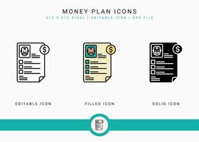 los iconos del plan de dinero establecen la ilustración vectorial con estilo de línea de iconos. concepto de plan de fondo de pensiones. icono de trazo editable sobre fondo blanco aislado para diseño web, interfaz de usuario y aplicación móvil vector