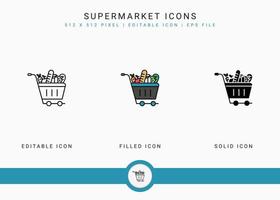 iconos de supermercado establecen ilustración vectorial con estilo de línea de icono sólido. concepto de venta minorista de tienda en línea. icono de trazo editable en un fondo aislado para diseño web, interfaz de usuario y aplicación móvil vector