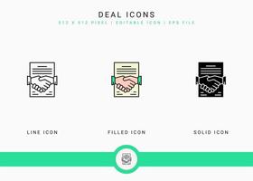 Deal icons set vector illustration with solid icon line style. Auction act concept. Editable stroke icon on isolated background for web design, user interface, and mobile application