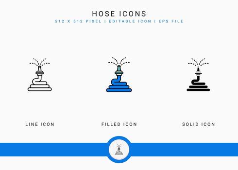 Hose icons set vector illustration with solid icon line style. Plant gardening agriculture concept. Editable stroke icon on isolated background for web design, user interface, and mobile app