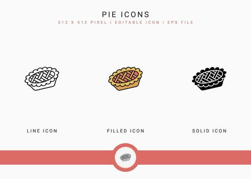 Pie icons set vector illustration with solid icon line style. Cookie bake cake concept. Editable stroke icon on isolated background for web design, user interface, and mobile app