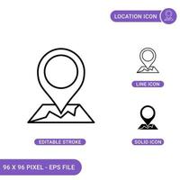 Location icons set vector illustration with solid icon line style. Map checkpoint concept. Editable stroke icon on isolated background for web design, infographic and UI mobile app.