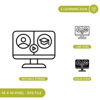 E learning icons set vector illustration with solid icon line style. Live webinar concept. Editable stroke icon on isolated background for web design, infographic and UI mobile app.