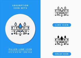 Absorption icons set vector illustration with solid icon line style. Drop water emulsion symbol. Editable stroke icon on isolated background for web design, infographic and UI mobile app.