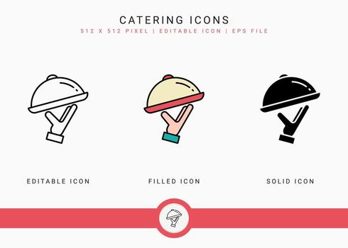 Catering icons set vector illustration with solid icon line style. Restaurant food service concept. Editable stroke icon on isolated background for web design, infographic and UI mobile app.