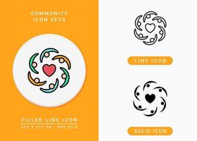 Community icons set vector illustration with solid icon line style. Unity support concept. Editable stroke icon on isolated background for web design, infographic and UI mobile app.