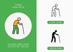 Tired icons set vector illustration with solid icon line style. Old people with stick symbol. Editable stroke icon on isolated background for web design, user interface, and mobile app