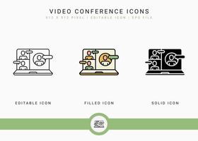 los iconos de videoconferencia establecen una ilustración vectorial con un estilo de línea de icono sólido. concepto de comunicación en línea. icono de trazo editable en un fondo aislado para diseño web, interfaz de usuario y aplicación móvil vector