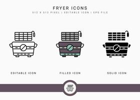 Fryer icons set vector illustration with solid icon line style. Potato basket concept. Editable stroke icon on isolated background for web design, infographic and UI mobile app.