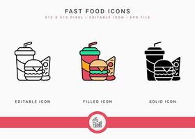 Fast food icons set vector illustration with solid icon line style. Cafeteria snack menu concept. Editable stroke icon on isolated background for web design, infographic and UI mobile app.