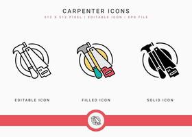 Carpenter icons set vector illustration with solid icon line style. Hammer tool building concept. Editable stroke icon on isolated background for web design, user interface, and mobile application