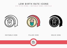 Low birth rate icons set vector illustration with solid icon line style. Loss birth rate population concept. Editable stroke icon on isolated background for web design, infographic and UI mobile app.