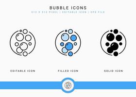 Bubble icons set vector illustration with solid icon line style. Effervescent soap foam concept. Editable stroke icon on isolated background for web design, infographic and UI mobile app.