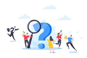 Q and A or FAQ concept with tiny people characters, big question mark, frequently asked questions template. vector