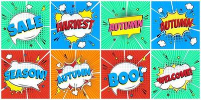 8 Lettering Autumn In The Speech Bubbles Comic Style Flat Design. Dynamic Pop Art Vector Illustration Isolated On Rays Background. Exclamation Concept Of Pop Art Voice Phrase.