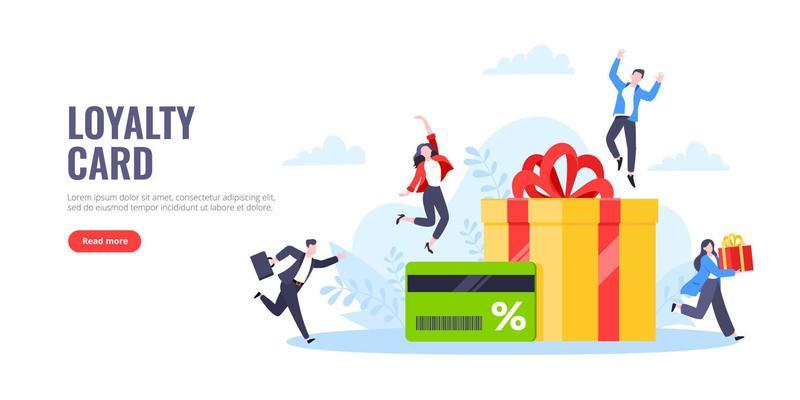 Get loyalty card and customer service business concept flat design vector illustration.