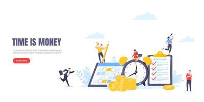 Time is money or saving money business concept. Tiny people working with clock, calendar schedule and checklist symbol. vector