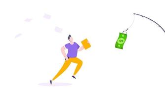 Money chase business concept with businessman running after dangling dollar and trying to catch it. vector