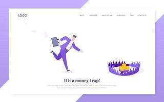 Money trap business concept. Young adult businessman running to catch the coin. vector