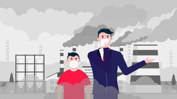 Confused man and boy wearing massk against smog. Fine dust, air pollution, industrial smog protection concept flat style design vector illustration. Industrial factory pipes with huge clouds of smoke.