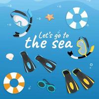 Set of beach accessories and diving equipment vector icons