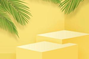 Stage podium mockup on summer yellow background for product display, vector illustration