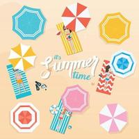 Set of summer colorful beach umbrellas and people cartoon characters sunbathing vector