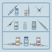 Set of Covid 19 vaccine bottle, syringe and  needle vector icons