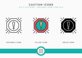 Caution icons set vector illustration with solid icon line style. Exclamation mark alert concept. Editable stroke icon on isolated background for web design, user interface, and mobile application